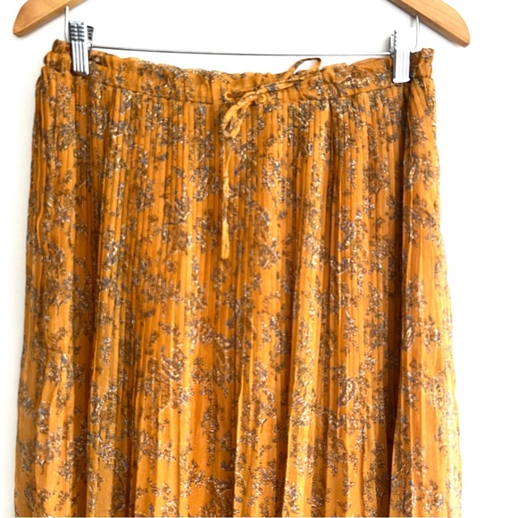 MANGO Mustard Floral Print Pleated Chiffon Tie & Elastic Waist Midi Skirt Sz M - Picture 3 of 13